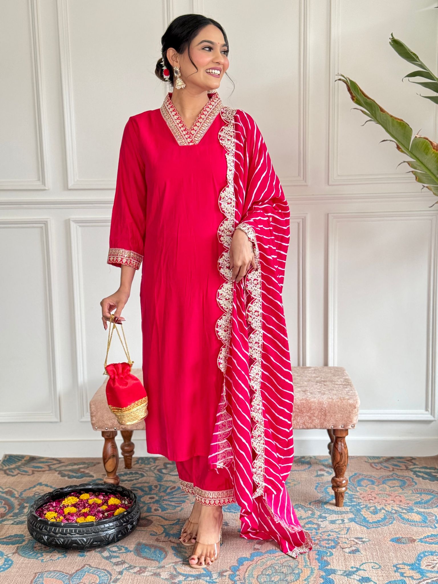 Beautiful  CHANDERI SILK Embroidered Straight Kurta with pant and dupatta sets-S