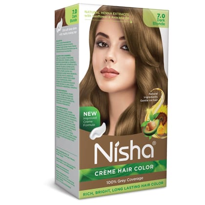 Nisha Creme Hair Color 7.0 Dark Blonde 120g, Permanent Hair Colour with Henna Extract, 100% Grey Coverage Nisha Creme Hair Color 7.0 Dark Blonde 120g, Permanent Hair Colour with Henna Extract, 100% Grey Coverage