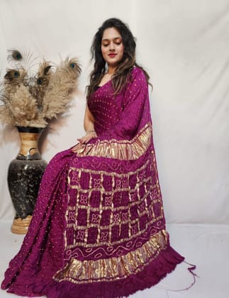 Modal Silk Barik Bandhej work Lagdi Patta Border Chex Bandhani Saree-Magenta