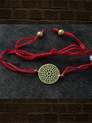 Red pull-on thread gold plated sterling silver round flower cutout design rakhi