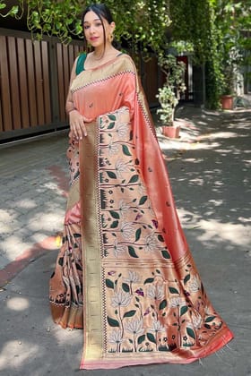 Deep Peach Zari Woven Paithani Silk Saree