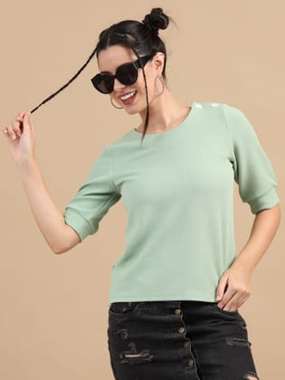 Women Regular Top, 3/4 Puff Sleeve, Lycra, Sage Green-XS / Sage