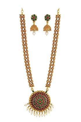 Traditional Gold Tone Necklace Set with Jhumka Earrings, Green Red Stone, Pearl Drop, Temple Jewellery