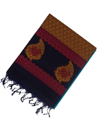 Light Blue Handloom Kora Silk Cotton Saree With Buttas & Black Pallu-Light Blue