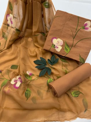 Hand Painted Cotton Suit With Chiffon Dupatta