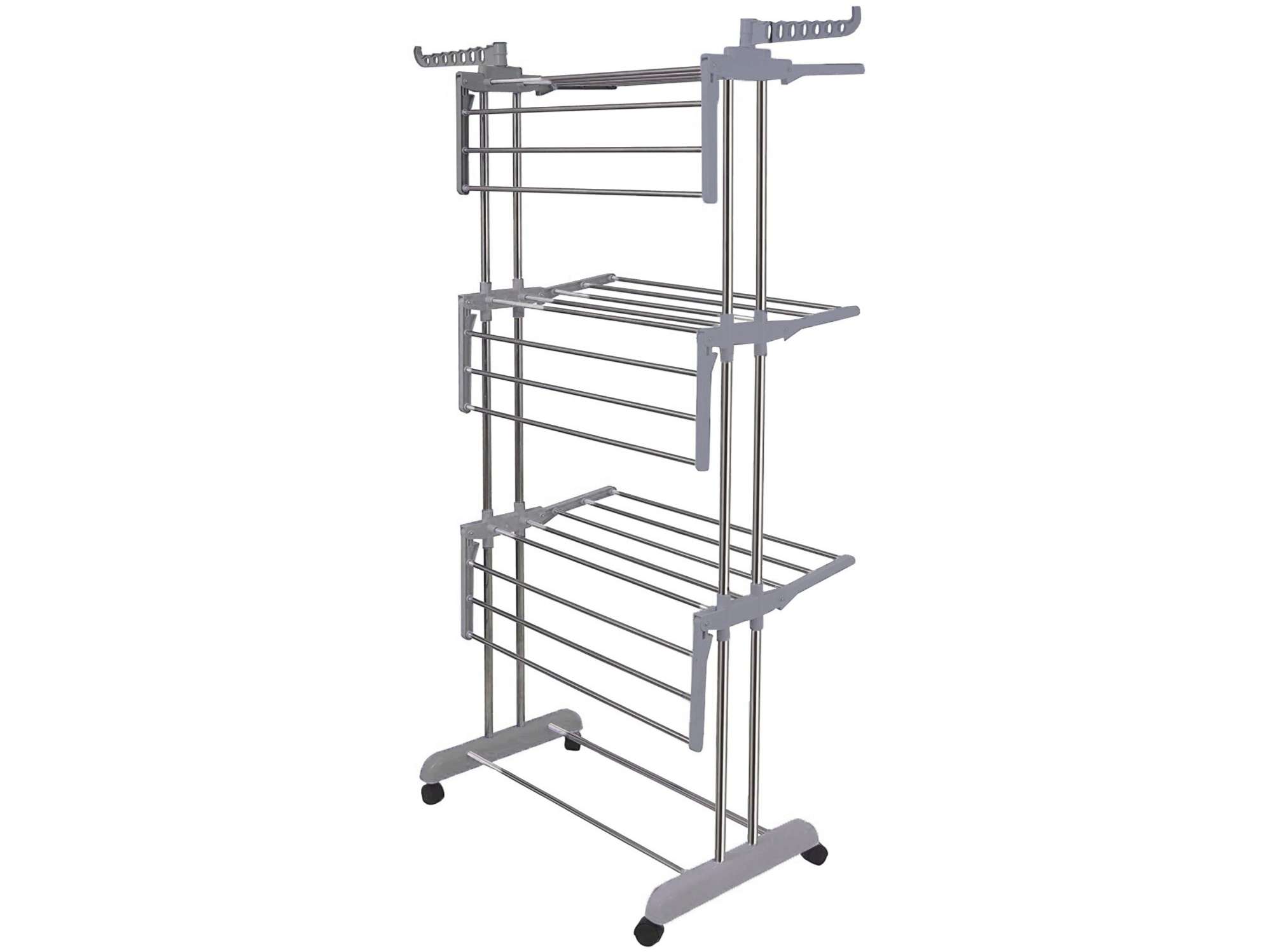Clothes Drying Stand - 3 Tier (With 12 Clips), Stainless Steel, with Wheels