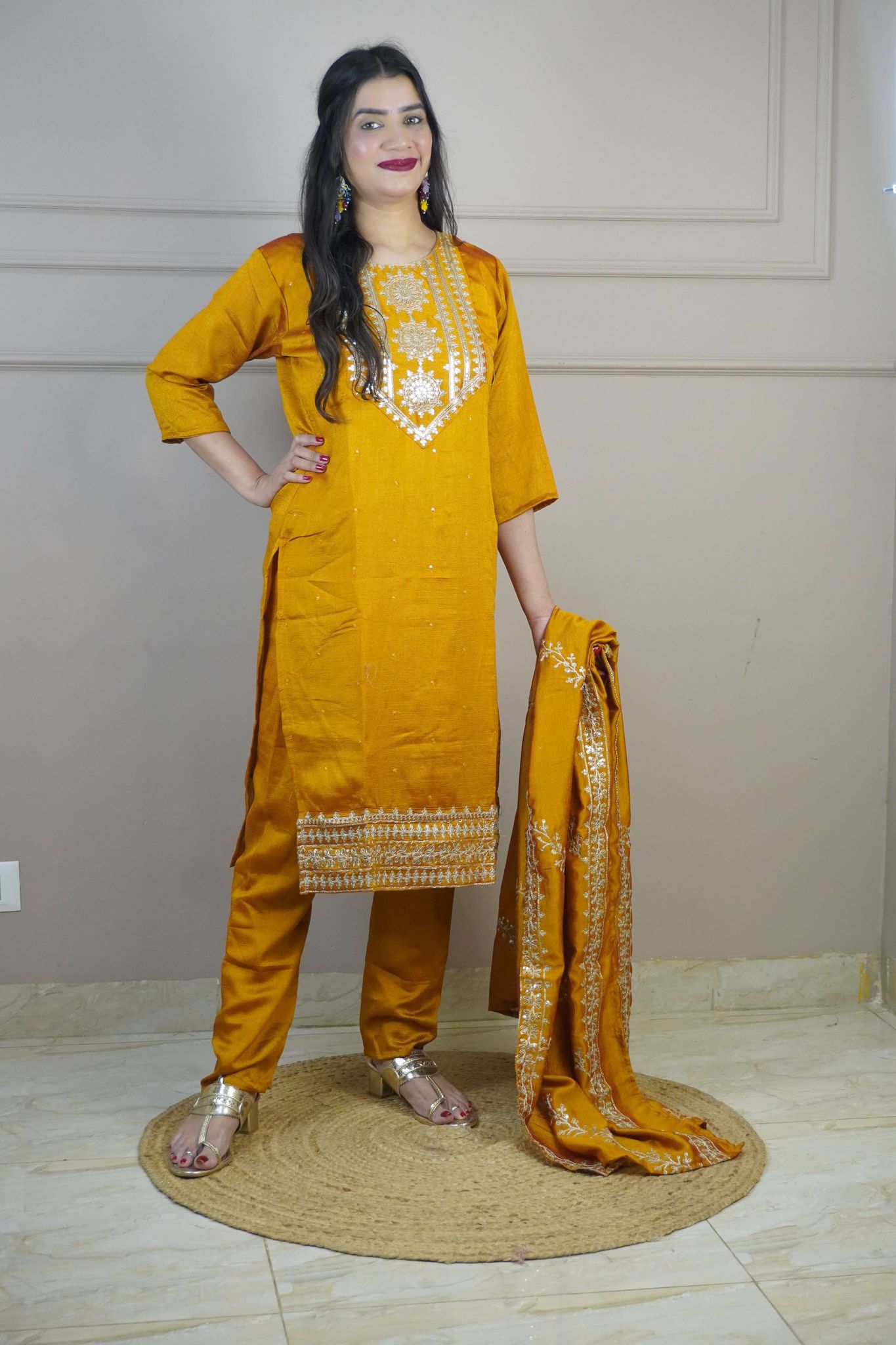 Mustard Colour Zari Work Straight Kurta Set with Pant & Dupatta-L / Mustard
