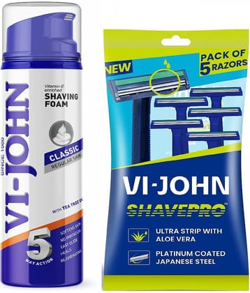 VI-JOHN Classic Shaving foam 200ml & ShavePro Twin Blade Disposable Razor 5 PCS -Pack of 2