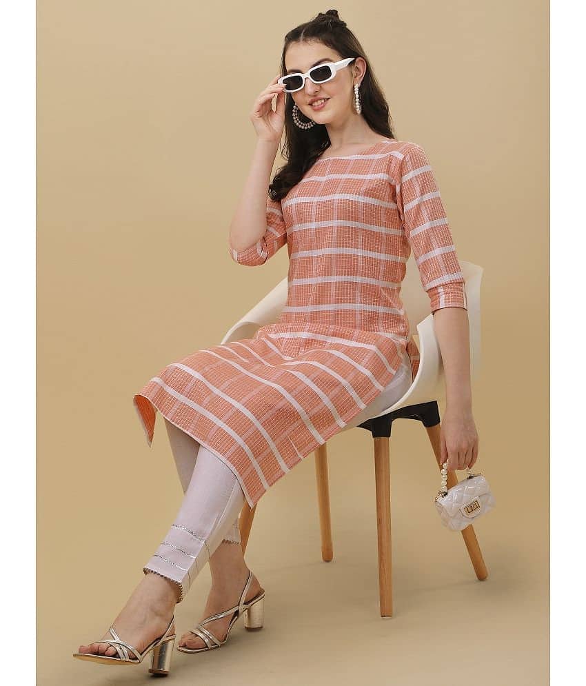 TRAHIMAM Cotton Checks Kurti With Pants Women's Stitched Salwar Suit - Orange ( Pack of 1 )