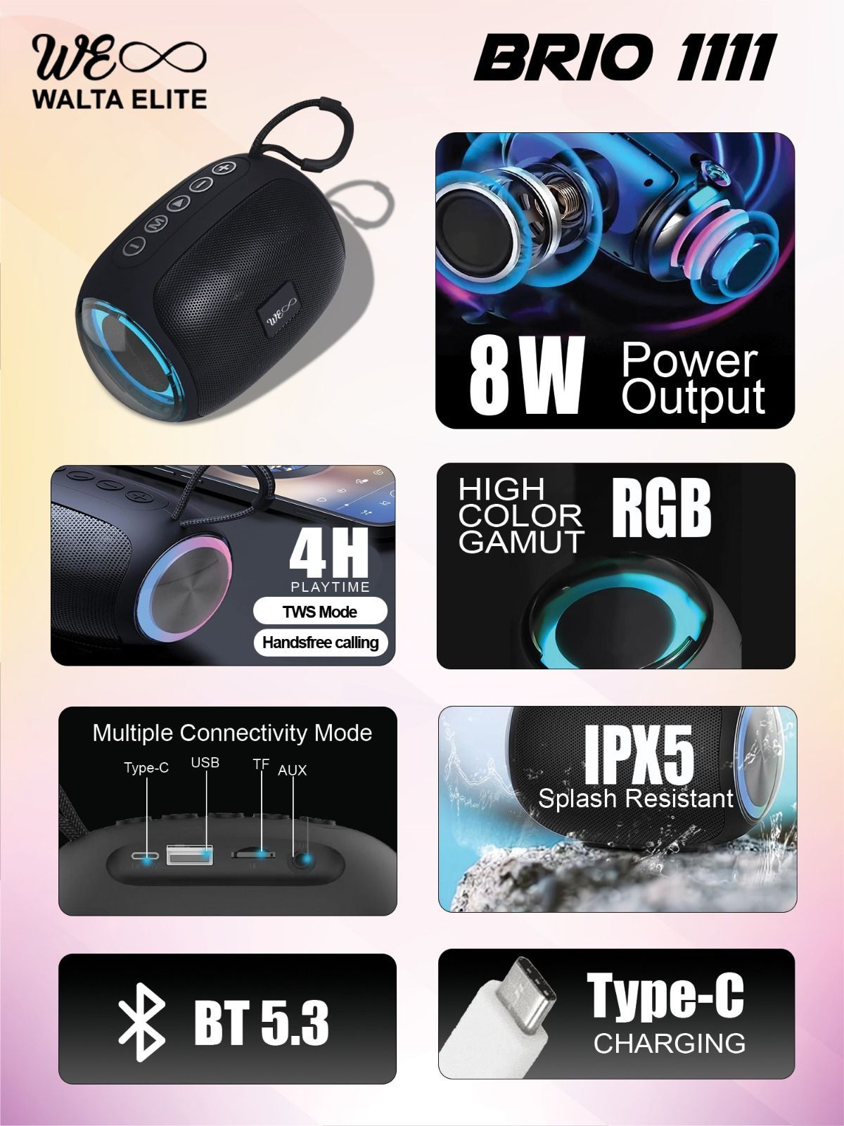Walta Elite Brio 1111 Speaker TWS mode Output power -8 Watt RGB light Bluetooth 5.3 4 hrs playtime without LED Multiple connectivity-BT 5.3 ,AUX,USB,TF