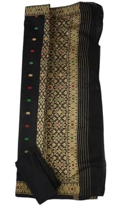 TULIP Traditional Black Assam Silk Saree with Gold Zari Border, Handwoven Silk, Floral Pattern, Red and Green Accent Dots,