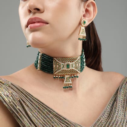 Masakali Emerald Jadau Choker Set-JADAU BEADS / EMERALD