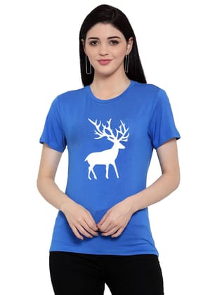 Women's Cotton Blend Deer Printed T-Shirt S (Blue)