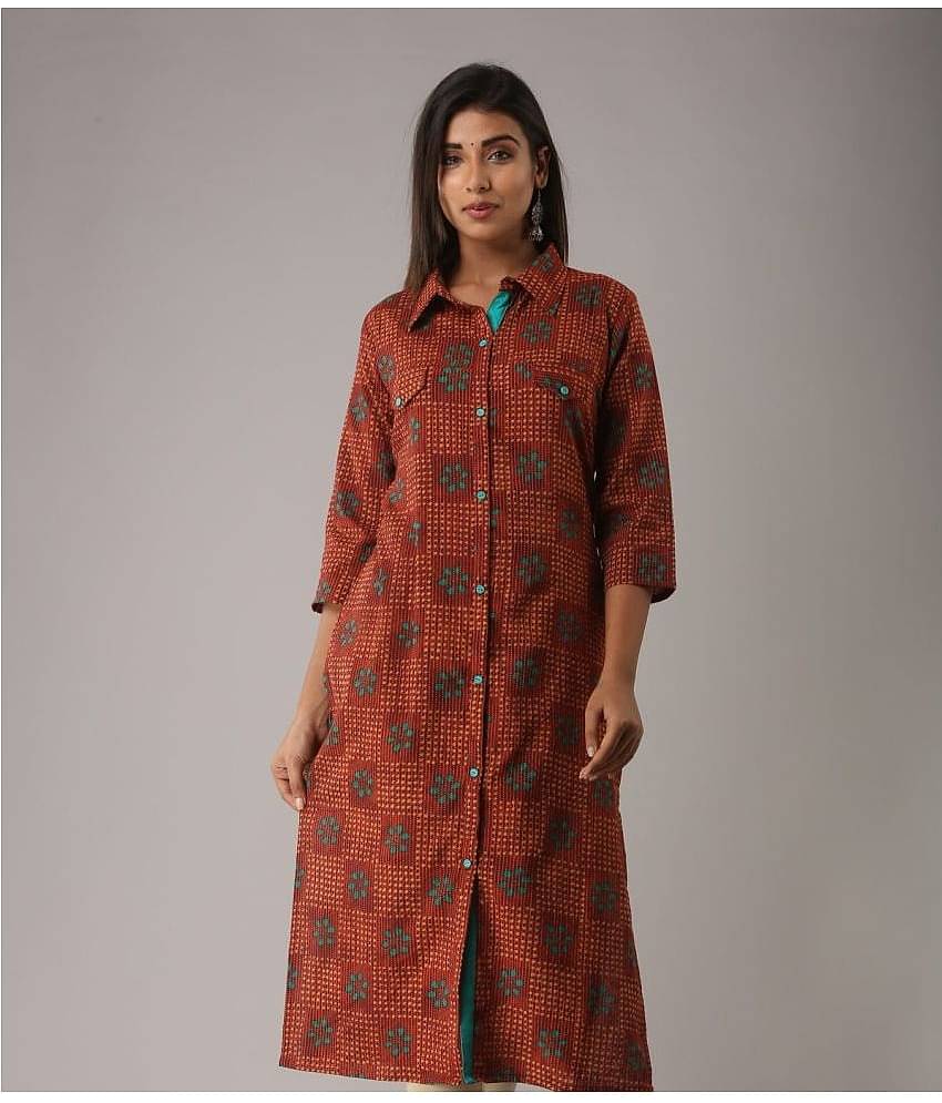 MAUKA - Green Cotton Women's Shirt Style Kurti ( Pack of 1 )