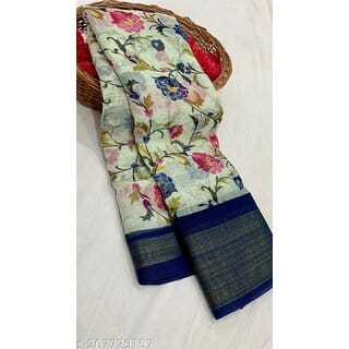 Dark Blue Colour Flower Printed Cotton Saree With Blouse Piece