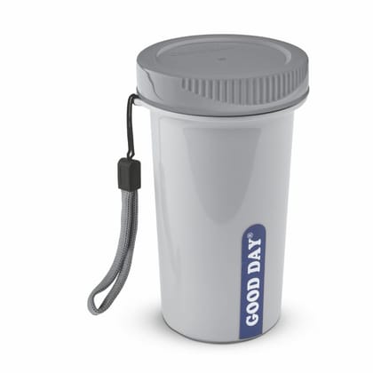 Good Day Easy Meal Tumbler with Strap & Inner Steel Glass, Reusable Travel Mug,Perfect for Coffee, Tea, and Juices , Grey