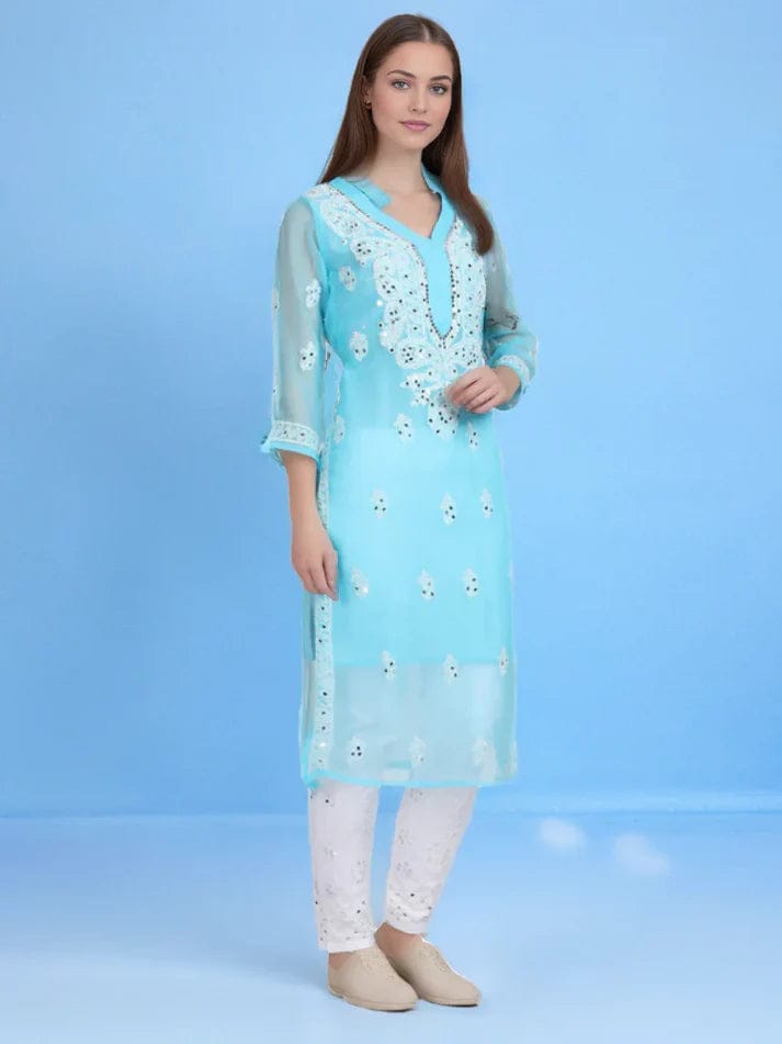 Sky Blue Mirror Chikankari Handmade Kurti Set-36-XS