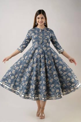 Women Printed Pure Cotton Anarkali Kurta(Blue)