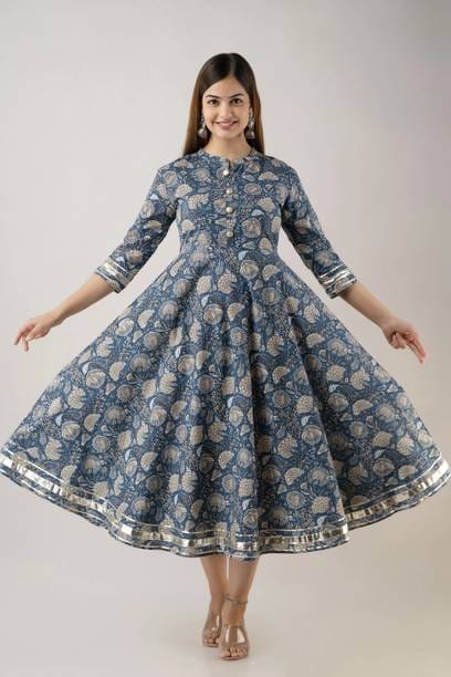Women Printed Pure Cotton Anarkali Kurta(Blue)