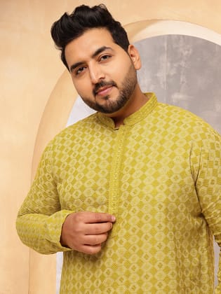 Men's Cotton Ethnic Motifs Embroidered Mehndi Long Kurta-46