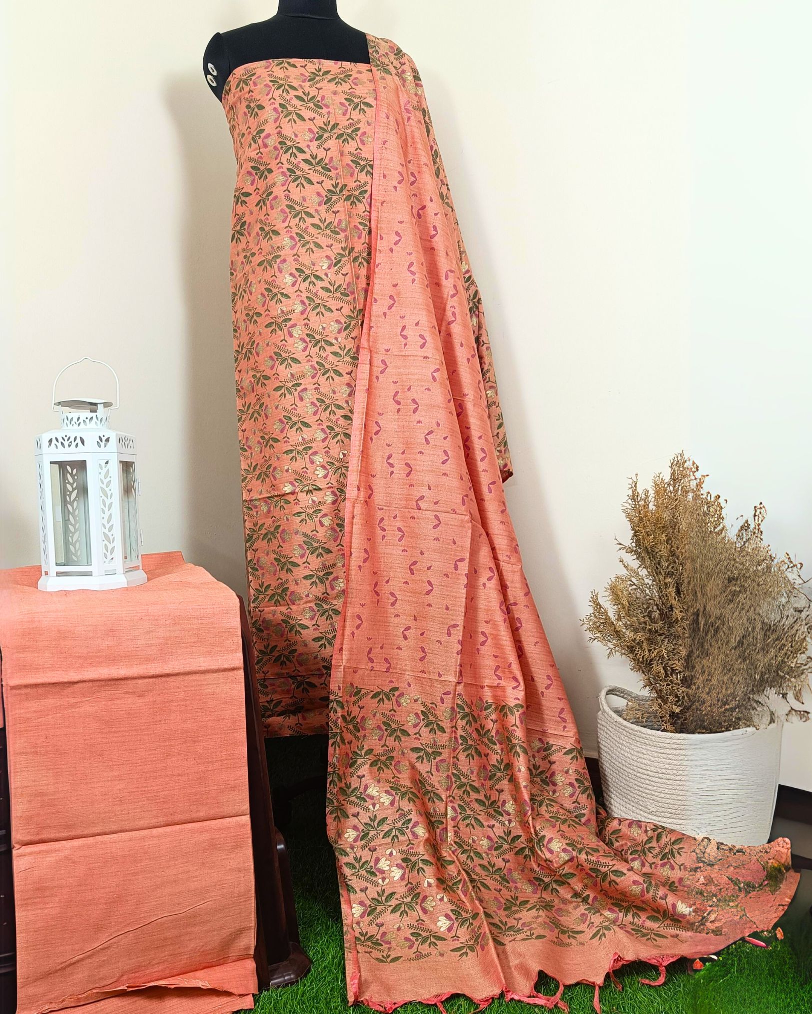 Printed Khadi Silk Peach Suit