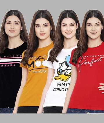 Fabflee Women Cotton Blend Printed Regular Fit Round Neck T-Shirt ( Multi Color )