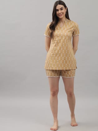 Printed Shapes Night Suit - Shorts set-M / Light Brown