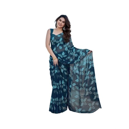 womens chiffon printed saree with unstitched blouse 5mtr blue pid63875