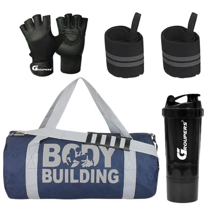 GROUPERS Duffle Canvas Bag with Shaker Bottle-500ml & GloveslSports & Travel BaglSports Kitl (Blue)
