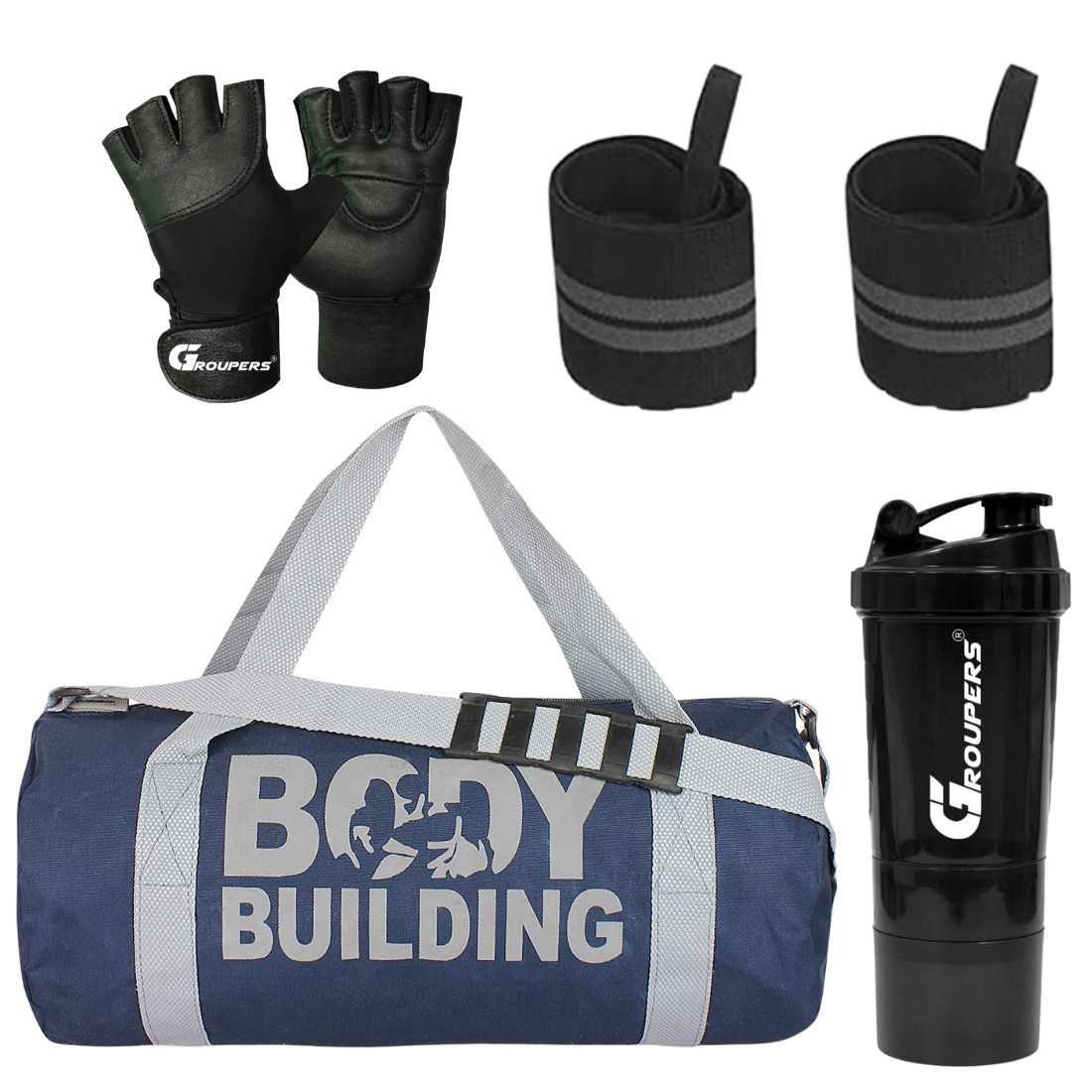 GROUPERS Duffle Canvas Bag with Shaker Bottle-500ml & GloveslSports & Travel BaglSports Kitl (Blue)