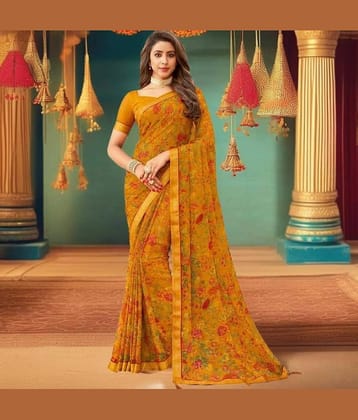 Nandini Creation Chiffon Printed Saree With Unstitched Blouse Piece ( Mustard )