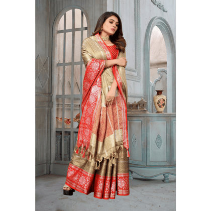 TheHangr Women's Brown With Red Border Designer Saree With Fancy Jhallar With Blouse Piece