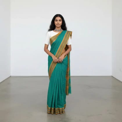 Narayanpet Handloom Cotton Saree in Teal Green with Chikki Paras Border
