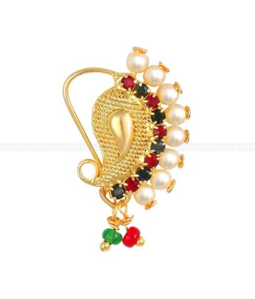 Vivastri Gold Plated Red Stone with Peals Alloy Maharashtrian Nath Nathiya./ Nose Pin for Women &Girls VIVA1020NTH-TAR - Multi Color