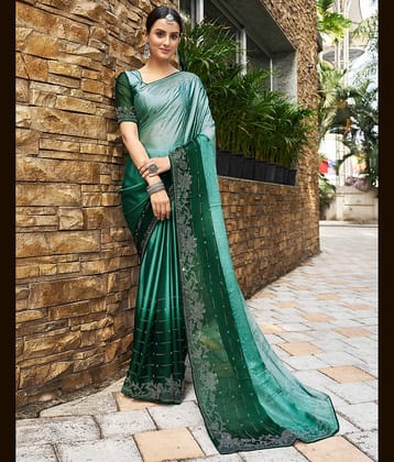 Satrani Silk Blend Embroidered Saree With Unstitched Blouse Piece ( Teal )