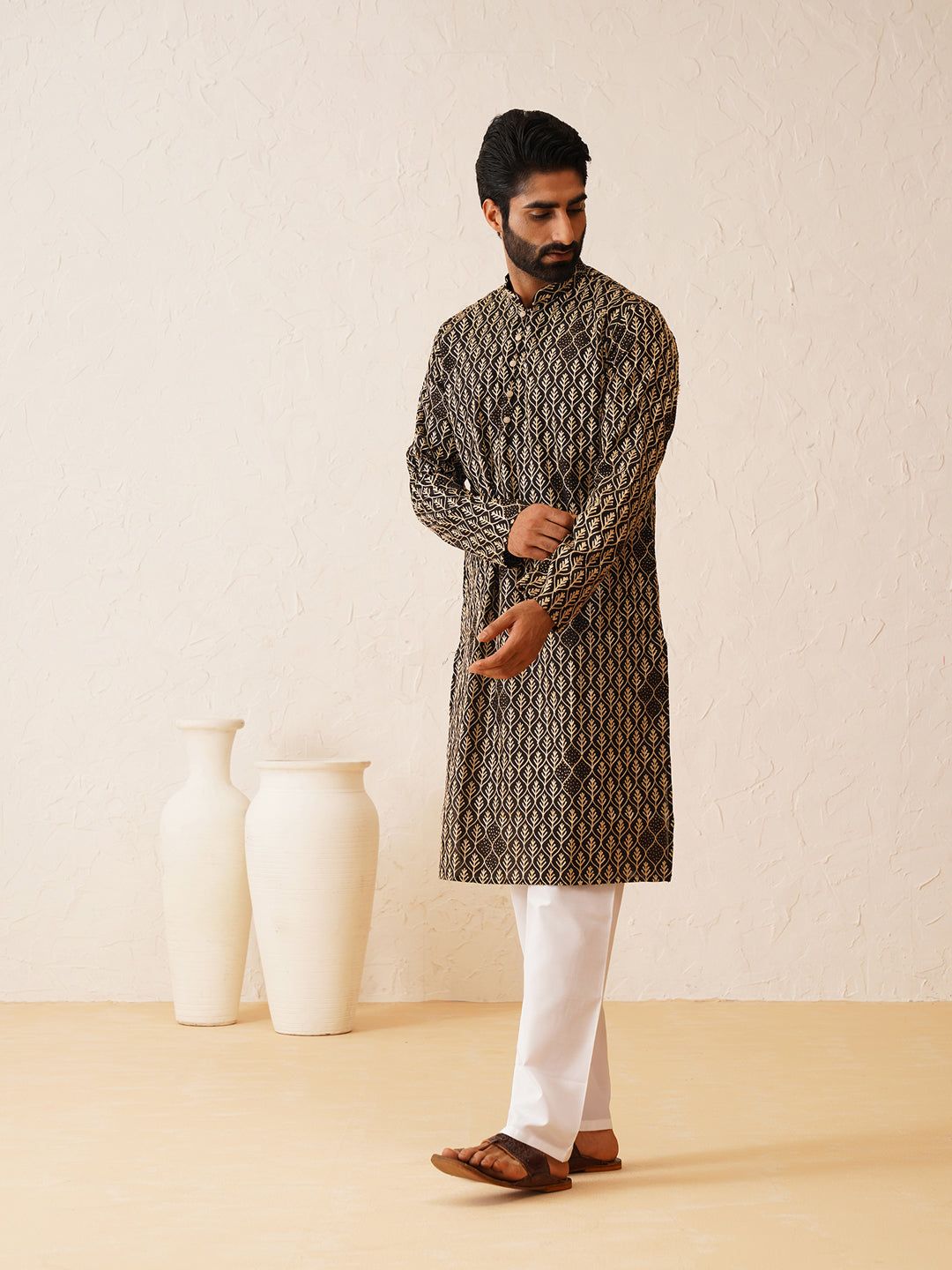 Men's Cotton Gold Thread Embroidered Black Kurta With Churidaar Pyjama-36