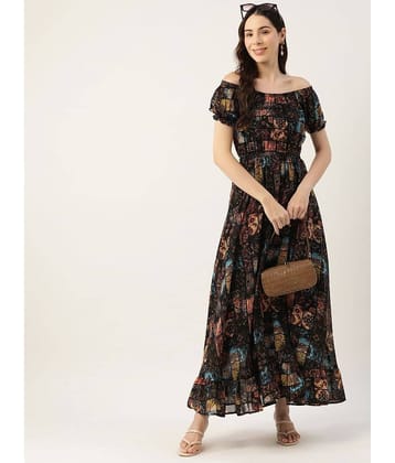 kedar fab Women Georgette Printed Off Shoulder Dress ( Black )