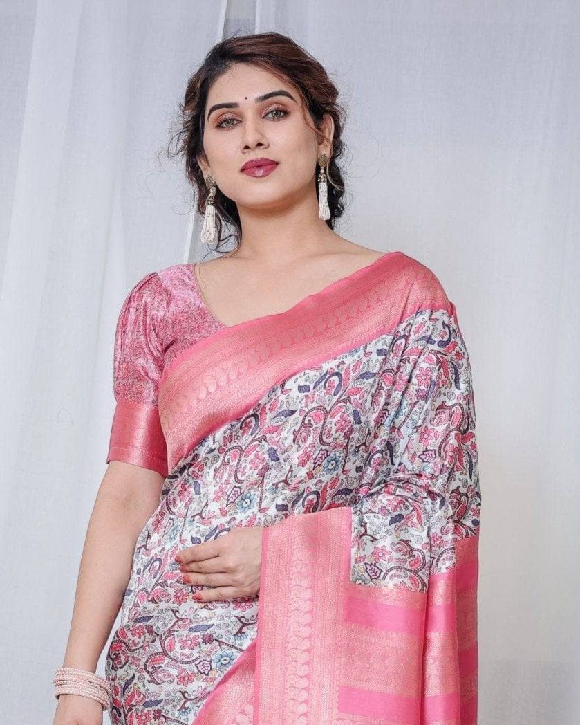 Ivory Banarasi Silk Saree with Vibrant Paisley Digital Print, Pink Zari Border & Tassel Pallu-Regular