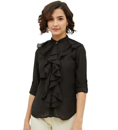 Women's Polyester Ruffled Long Sleeves Standard Length Shirt (Black, S)-PID55838 Women's Polyester Ruffled Long Sleeves Standard Length Shirt (Black, S)-PID55838