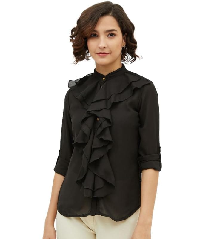 Women's Polyester Ruffled Long Sleeves Standard Length Shirt (Black, S)-PID55838