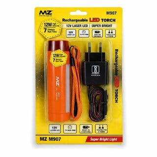 MZ M907 Rechargeable 12W Laser LED Torch High Intensity Super Bright Flashlight with 7-Hour Runtime, Round Pin Charger, and Hanging Lanyard (Orange)