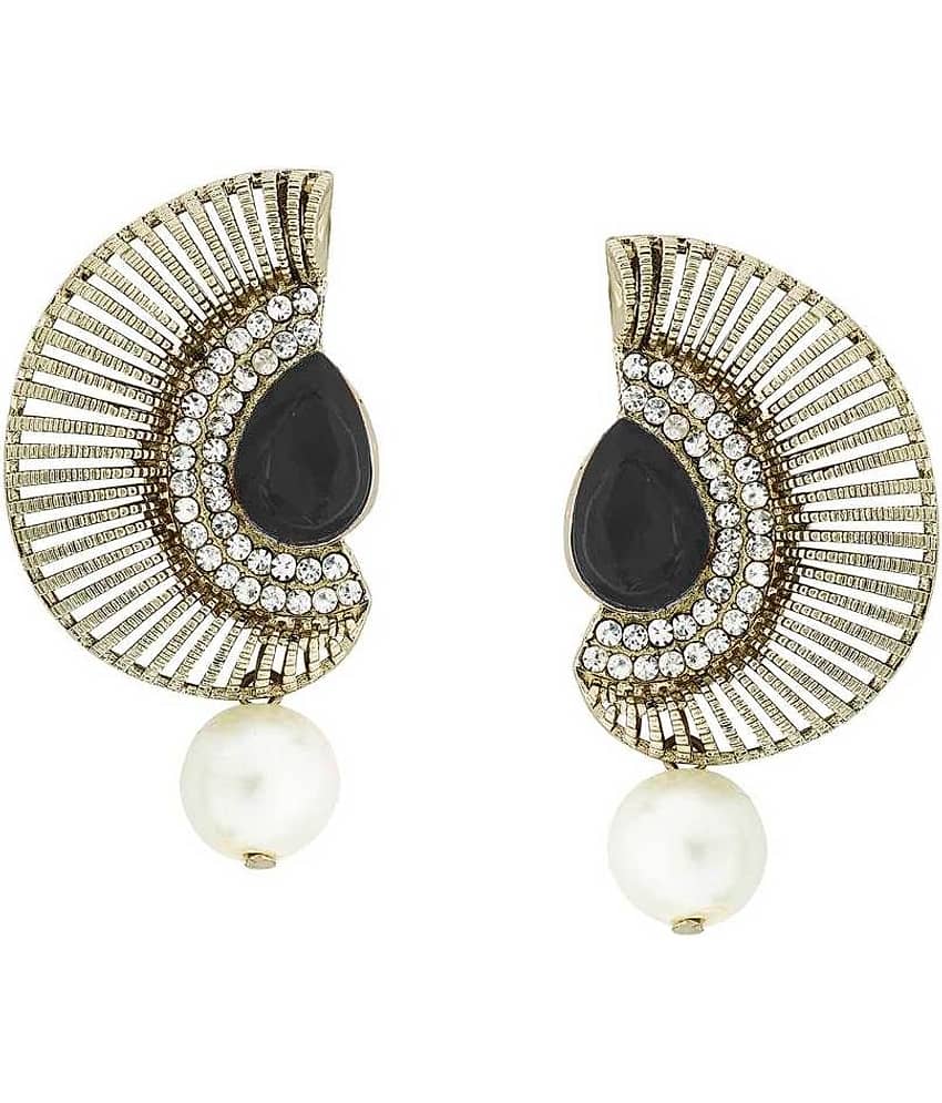 The Jewelbox Filigree Crescent Antique Rhodium Black CZ Pearl Earring for Women