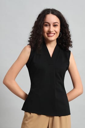 V-Neck Charm Relaxed Top, Black-XS