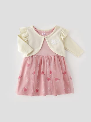 Fashionable Printed Mesh Dress With Waffle Shrug Set for Girls-2-3 YEAR