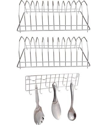JISUN Stainless Steel Plate Stand Pack Of 2 & Ladle Hook Rail For Kitchen