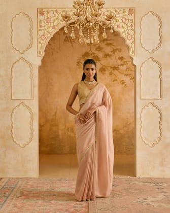 Peach Pearl  Chanderi Stripe Saree-Free Size