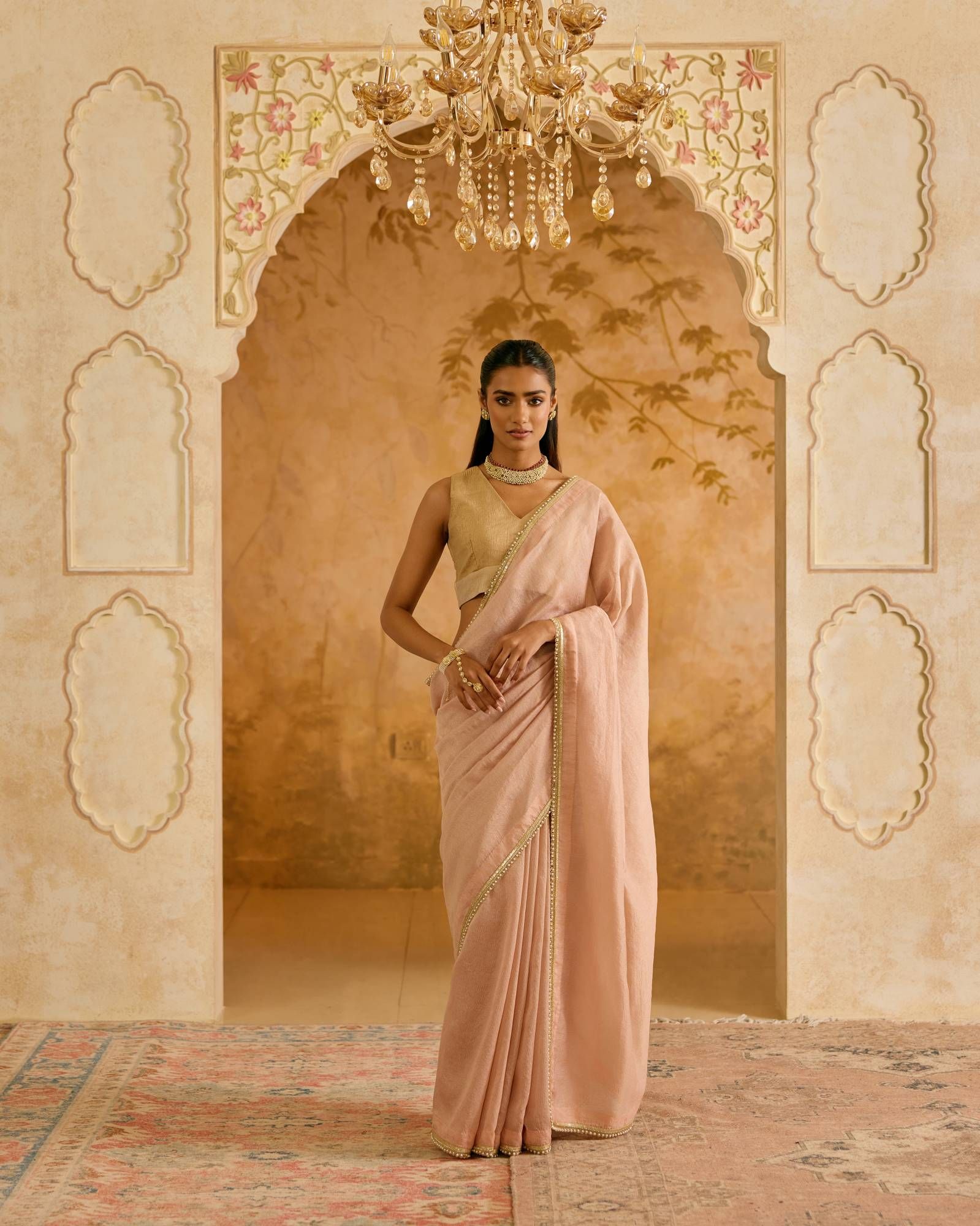 Peach Pearl  Chanderi Stripe Saree-Free Size
