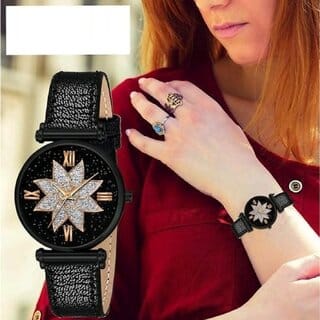 Bolun Black Star Dial Rose Rl Cash Leather Black Belt Analog Women and Girls WatchCvvm449