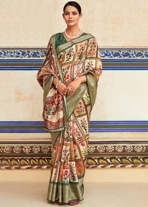 Cream And Green Woven Banarasi Printed Soft Silk Saree