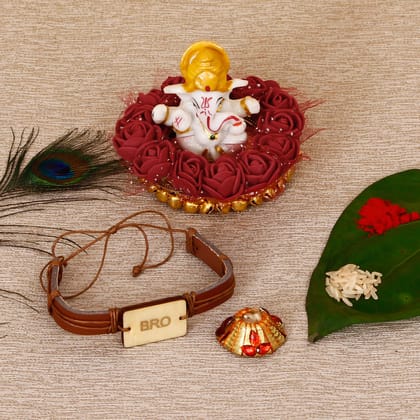 Designer Leather Bracelet BRO Rakhi with Lord Ganesha Idol on Decorative Plate for Car & Home and Roli Tikka Matki